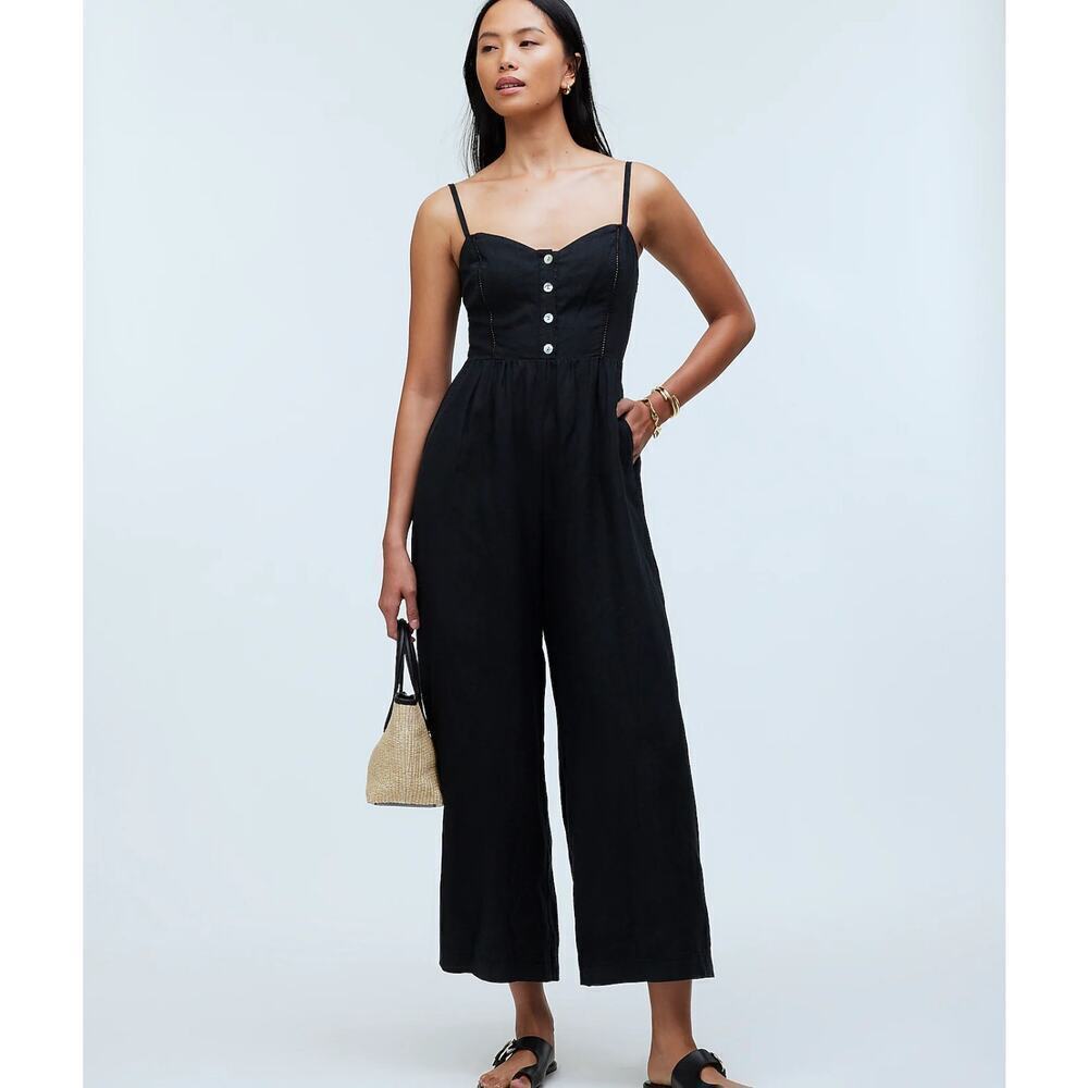 NWT Madewell Sleeveless Wide-Leg Jumpsuit in 100% Linen Black 14 *Broken Zipper*